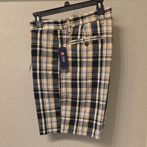 Chaps Plaid Flat Front Shorts - Black, Blue, Tan
